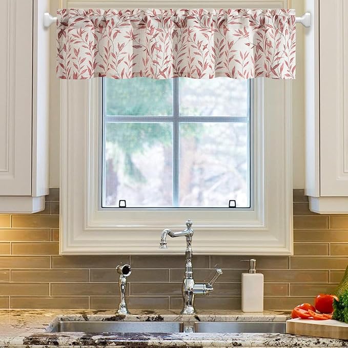 VOGOL Valances for Kitchen, Red Leaf Print Linen Textured Valance for Curtain Panels for Windows, Rod Pocket, 52x12, One Panel