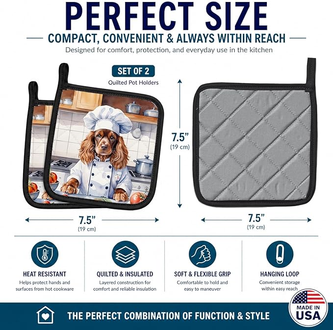 Caroline's Treasures English Cocker Spaniel The Chef Pair of Pot Holders Kitchen Heat Resistant Pot Holders Sets Oven Hot Pads for Cooking Baking BBQ, 7 1/2 x 7 1/2