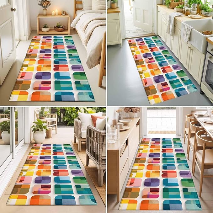 Runner Rug for Bedroom Hallway, Modern Geometric Squares Kitchen Runner Rugs Area Rug 2x6ft, Colorful Abstract Art Washable Soft Floor Carpet for Entryway Stair