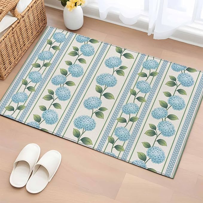 Area Rug 2x3ft, Spring Blue Flower Hydrangea Leaf Washable Rugs for Living Room Bedroom, Floral Stripes on Linen Soft Non-Slip Area Rugs Rectangle Floor Carpet for Dining Room