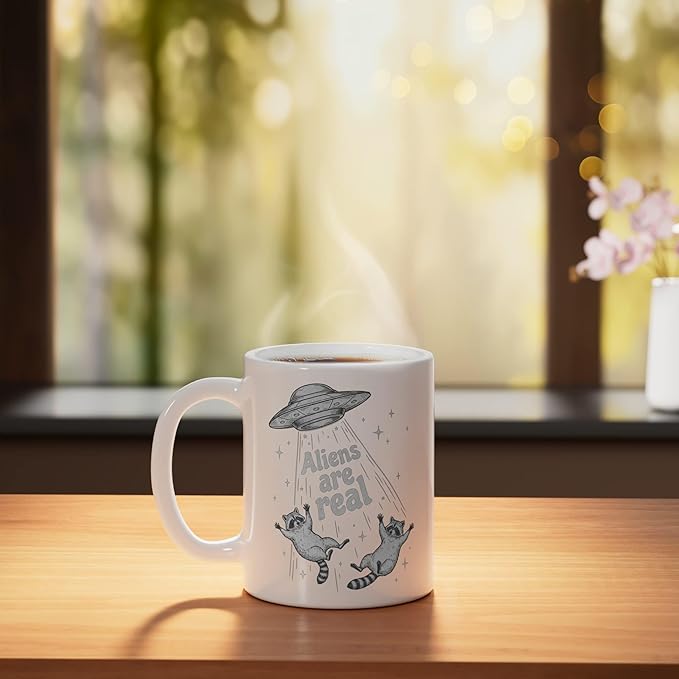 Aliens Are Real UFO Raccoon Abduction Ironic Meme Ceramic Mug, White