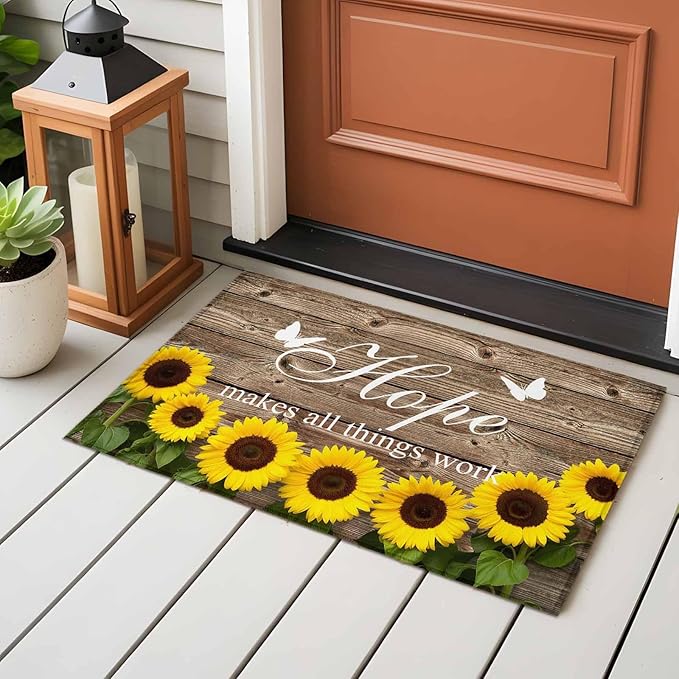 Area Rug 2x3ft, Farm Sunflower Positive Energy Quote Washable Rugs for Living Room Bedroom, Retro Dark Brown Wood Grain Soft Non-Slip Area Rugs Rectangle Floor Carpet for Dining Room