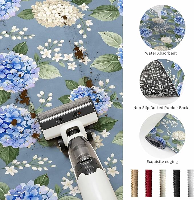 Washable Round Area Rug Watercolor Purple White Hydrangea Circle Rugs Floor Carpet for Living Room Bedroom, Spring Flower on Gray Blue Soft Non Slip Round Rug 3ft