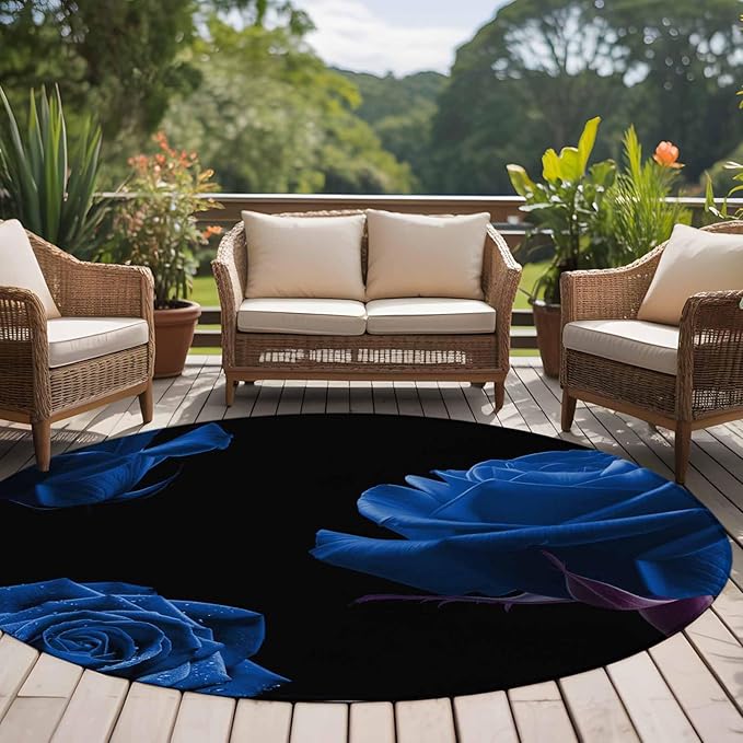 Washable Round Area Rug Abstract Garden Blue Rose Circle Rugs Floor Carpet for Living Room Bedroom, Classic Country Floral Soft Non Slip Round Rug 5ft