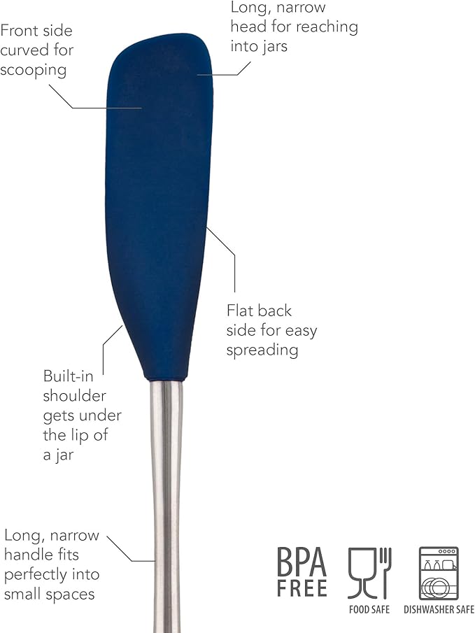 Tovolo Jar Spatula Silicone Long Stainless Steel Handle Scraper Spatula Deep Indigo, Jar Scraper Heat Resistant Dishwasher Safe BPA Free Kitchen Utensil for Scraping Spreading Jelly Peanut Butter