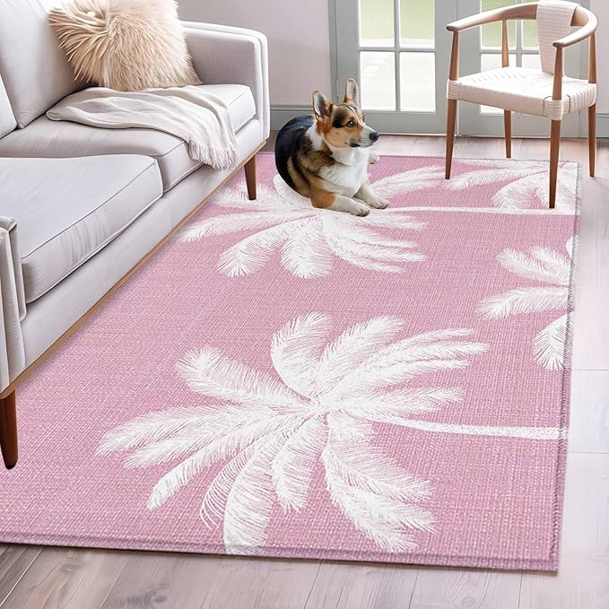 Area Rug 4x6ft, Boho Pink Palm Trees Vintage Washable Rugs for Living Room Bedroom, Summer Tropical Leaves Soft Non-Slip Area Rugs Rectangle Floor Carpet for Dining Room