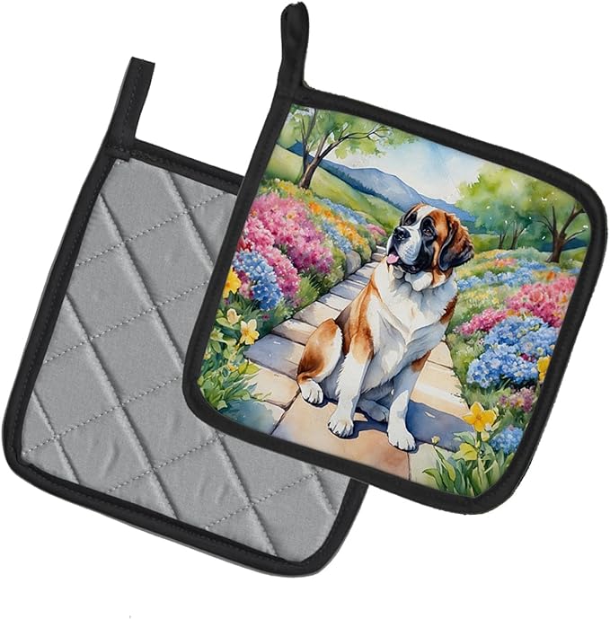 Caroline's Treasures Saint Bernard Spring Path Pair of Pot Holders Kitchen Heat Resistant Pot Holders Sets Oven Hot Pads for Cooking Baking BBQ, 7 1/2 x 7 1/2