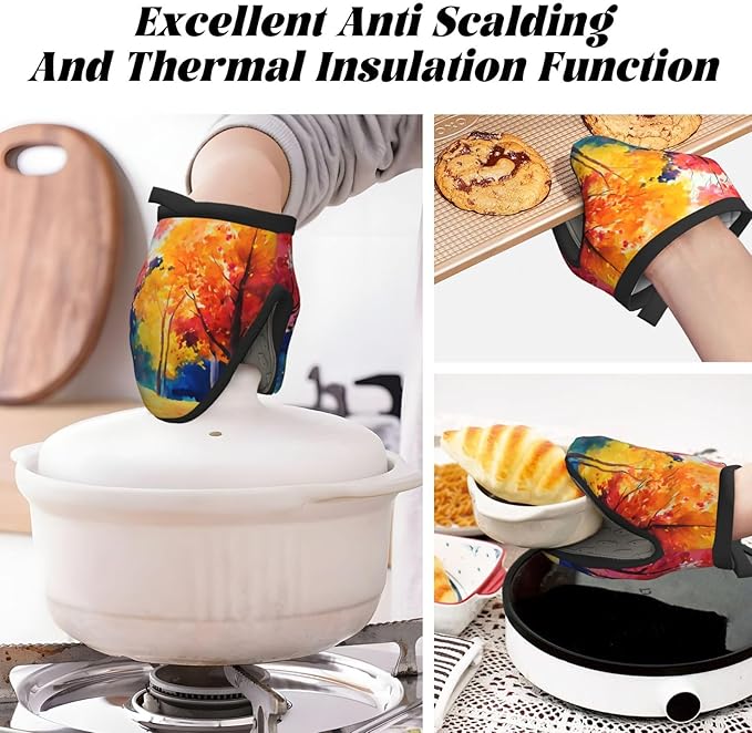 1 Pcs Mini Silicone Oven Mitts Autumn Trees Heat Resistant Grilling Gloves with Hanging Loop, Fall Leaf Short Kitchen Mittens for Cooking Baking BBQ