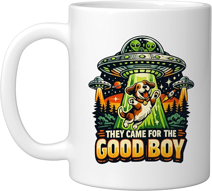 Retro sci-fi dog ufo humor they came for the good boy Ceramic Mug, White