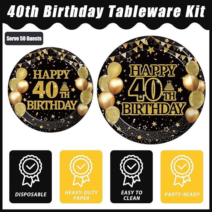 200Pcs 40th Birthday Party Tableware Set, Back in 1986 Birthday Party Decorations Supplies for Men Women Cheers to 40 Years Birthday Party Dessert Plates Napkins Forks Favors, Serve 50