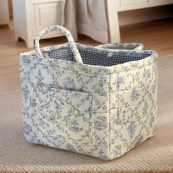 HiTotes Floral Storage Car Basket Diaper Caddy Organizer Quilted Laundry Basket Foldable Nursery Hamper Bag