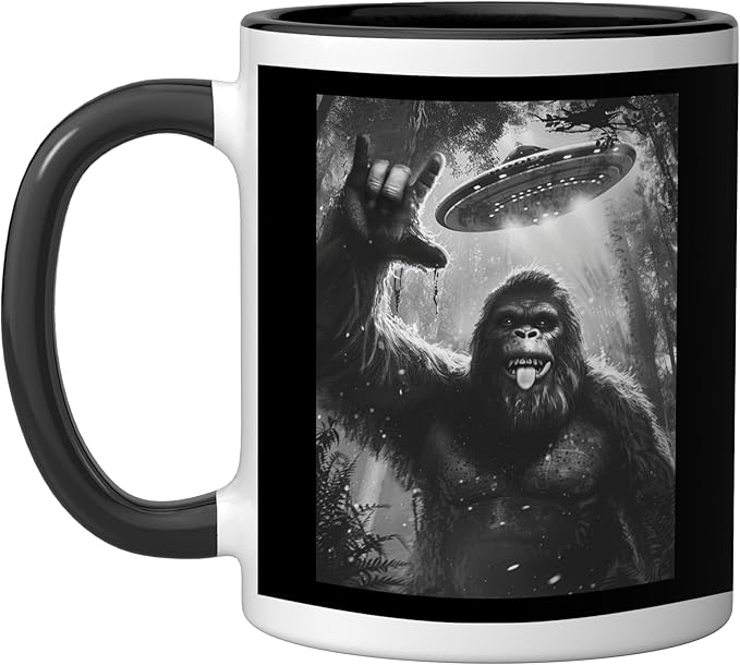Funny Sasquatch Bigfoot Rock On Selfie with UFO Alien Saucer Ceramic Mug, Black/White