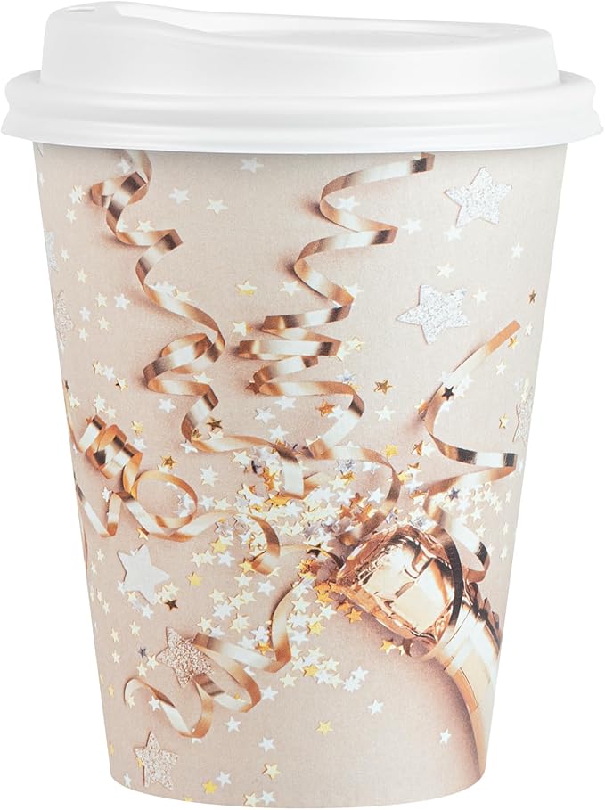 Restaurantware-Restpresso 12 Ounce New Year’s Eve Party Cups, 400 Hot Cups With Plastic Lids - Rolled Rim, Single Wall, Disposable Paper Coffee Cups, Sustainable, Serve Hot And Cold Drinks