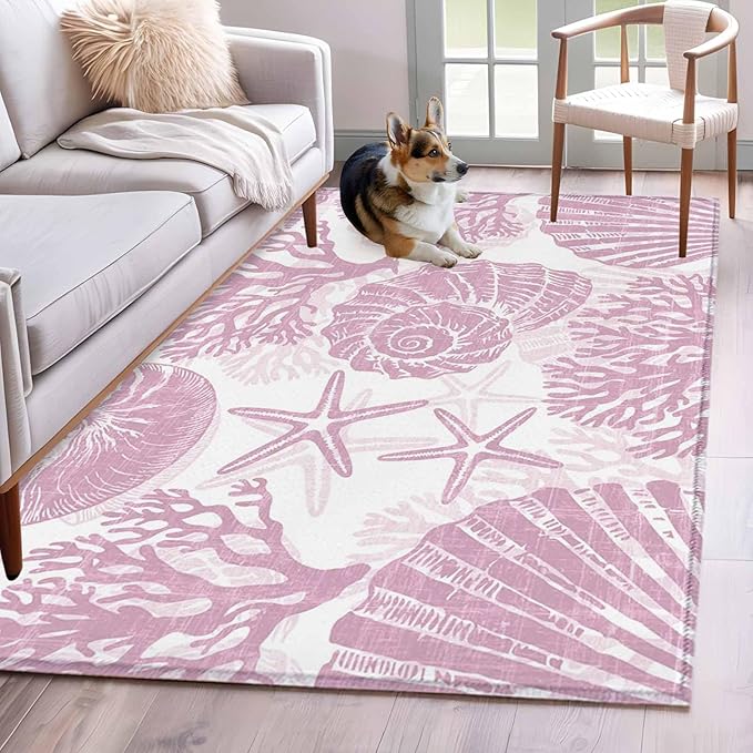 Area Rug 4x6ft, Watercolor Summer Marine Creature Washable Rugs for Living Room Bedroom, Pink Starfish Shell Conch Soft Non-Slip Area Rugs Rectangle Floor Carpet for Dining Room