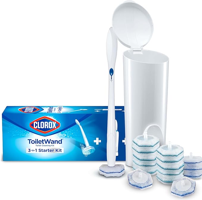 Clorox ToiletWand Disposable Toilet Cleaning System, ToiletWand, Storage Caddy, Toilet Bowl Cleaner, 16 Disinfecting ToiletWand Refills Scrubbing Pads