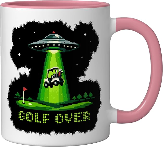 GOLF OVER Retro Funny Pixel Art UFO Abducting Golf-Cart Ceramic Mug, Pink/White