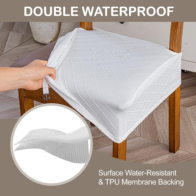 Genina Waterproof Seat Covers for Chairs,Set of 4 Dining Room Chair Seat Covers for Kitchen,Stretch Jacquard Removable Washable Dining Chair Slipcovers Protectors,No Rear Covers, White