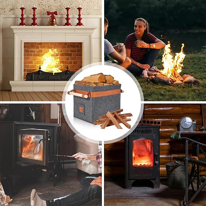 Firewood Basket Carrier, Large Capacity Firewood Holder, Foldable Felt Storage Basket with Handles for Home, Clothes Toys Organizing Design, Storage Accessory for Living Room, Fireplace Use Daily