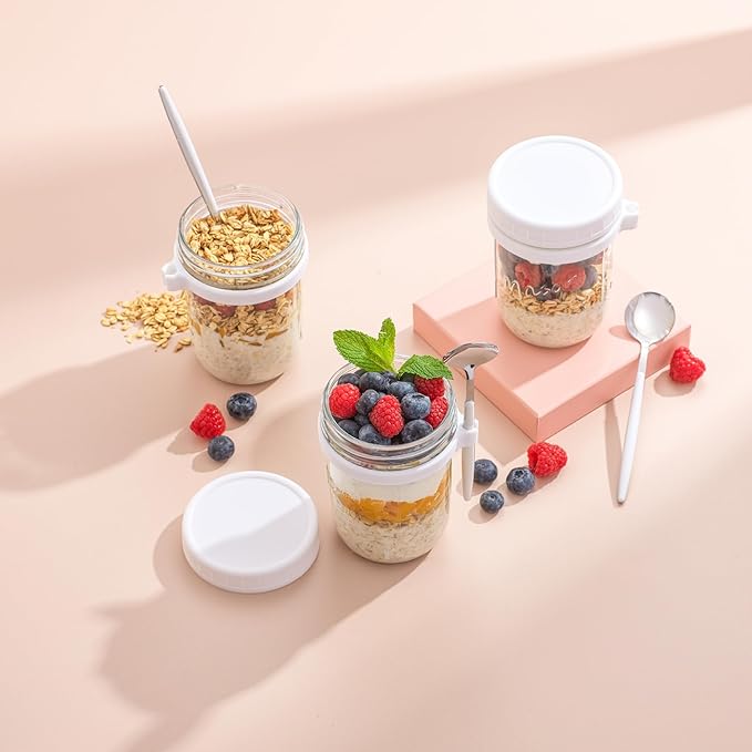 JoyJolt 3-Pack Glass Overnight Oats Jars with Lids and Spoons Set (16 oz), Mason Jars for Overnight Oats, Chia Pudding Jars with Lids - BPA-Free, Leak Proof Small Containers for Meal Prep