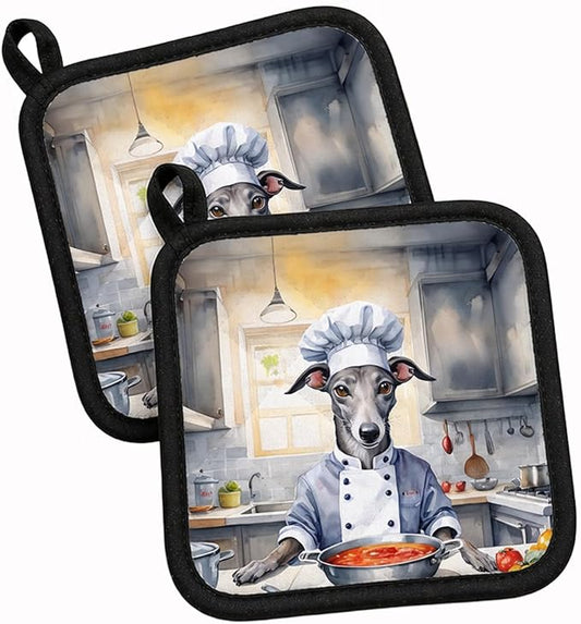 Caroline's Treasures Greyhound The Chef Pair of Pot Holders Kitchen Heat Resistant Pot Holders Sets Oven Hot Pads for Cooking Baking BBQ, 7 1/2 x 7 1/2