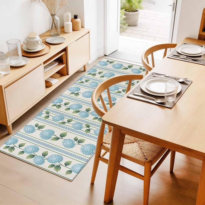 Runner Rug for Bedroom Hallway, Spring Blue Flower Hydrangea Leaf Kitchen Runner Rugs Area Rug 2x6ft, Floral Stripes on Linen Washable Soft Floor Carpet for Entryway Stair