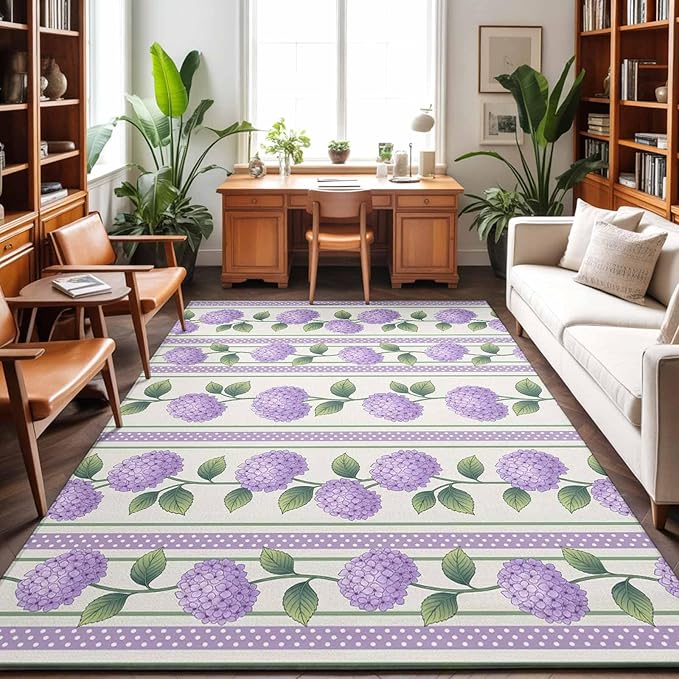 Area Rug 3x5ft, Watercolor Hydrangea Flower Washable Rugs for Living Room Bedroom, Spring Floral Leaves on Linen Soft Non-Slip Area Rugs Rectangle Floor Carpet for Dining Room
