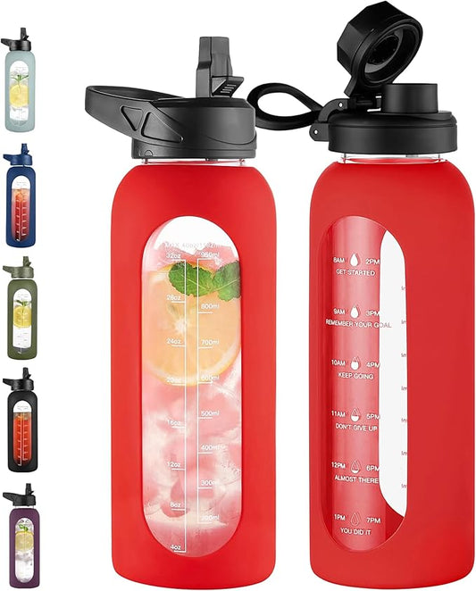 CIVAGO 40 oz Glass Water Bottle with Straw and Handle, Large Sports Motivational Water Bottle Flask with Time Marker and 2 Lids, Leakproof Water Jug Canteen with Silicone Sleeve for Gym, Red