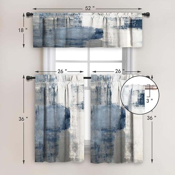 MCALK Blue Blackout Kitchen Curtains Tiers and Valances for Windows, Modern Abstract Art for Living Room (36" Tiers Set)