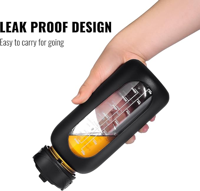CIVAGO 32 oz Glass Water Bottle with Straw and Handle, Large Sports Motivational Water Bottle Flask with Time Marker, Leakproof Water Jug Canteen with Silicone Sleeve for Gym, Light Blue