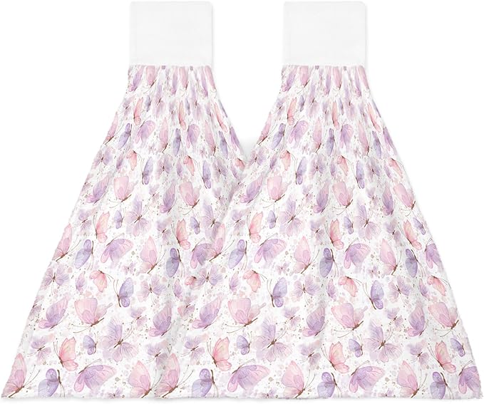 Alandar Home Kitchen Tie Towel Set of 2, Spring Watercolor Butterfly on White Absorbent Soft Hand Towels for Bathroom Hanging Towels, Pink Purple Insects Fast Drying Cleaning Cloth with Loop