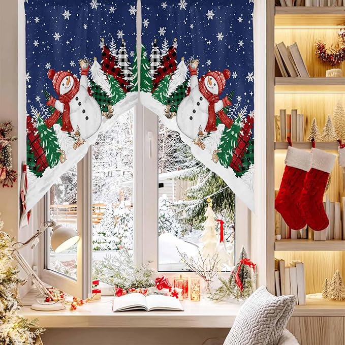 Christmas Snowman Swag Valance Curains Winter Xmas Tree Snowflakes Deep Blue Bottom Rod Pocket Kitchen Curtains Scalloped Window Treatment Valances Swag for Living Room Bedroom, 1 Pair, 36"W x 45"L