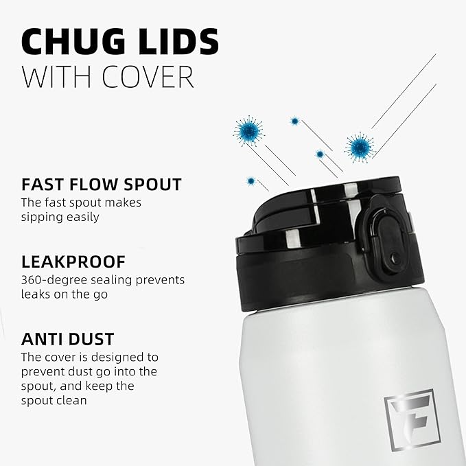 Fanhaw 24 oz Insulated Stainless Steel Water Bottle with Anti-Dust Chug Lid, Leakproof Vacuum Metal Bottle for Kids, Women & Men (White)