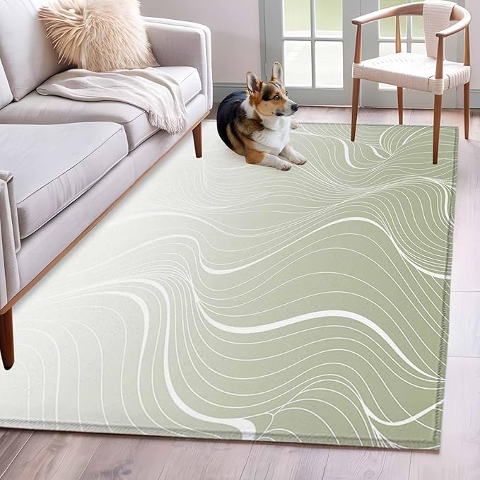 Area Rug 3x5ft, Sage Green Wavy Gradient Stripes Washable Rugs for Living Room Bedroom, Geometric Abstract Art Soft Non-Slip Area Rugs Rectangle Floor Carpet for Dining Room