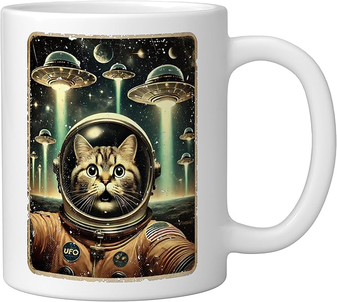 Space Cat Astronaut Funny UFO Sci-fi Alien Selfie Ceramic Mug, White