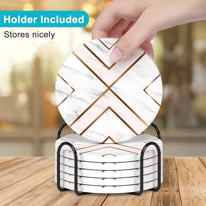 Nipichsha Coasters for Drinks, Set of 6 Cute Absorbent Ceramic Drink Coasters for Cup with Holder and Cork Base, Kitchen Home Decor Housewarming Gift, Round 4 in, White Gold Line