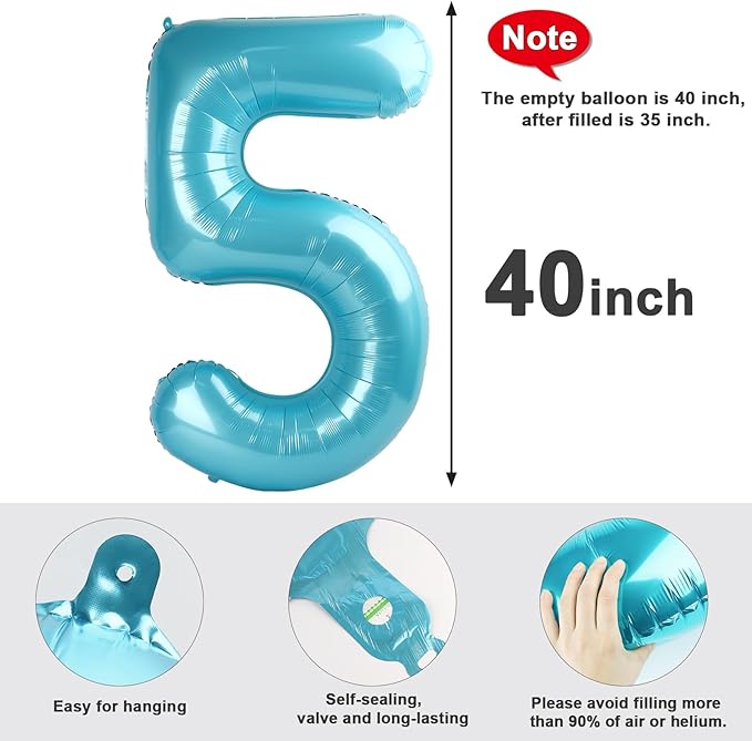 Balloon Numbers 40 Inch 5 Ballon for 5th Birthday Decorations, 15 25 35 50 Big Pastel Blue Number Balloons for Wedding Photo Shoot Party Decor