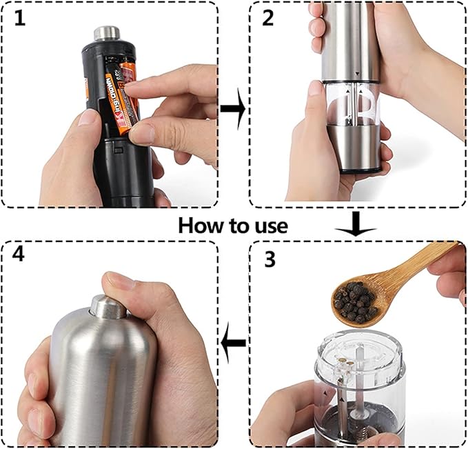 Pepper Mill Grinder 2 Pcs Stainless Steel Electric Salt and Pepper Mill Set Herb Spice Grinder Adjustable Coarseness One Handed Operation Kitchen Gadget for Home, Barbecue, Party (Color : 1) (2 )