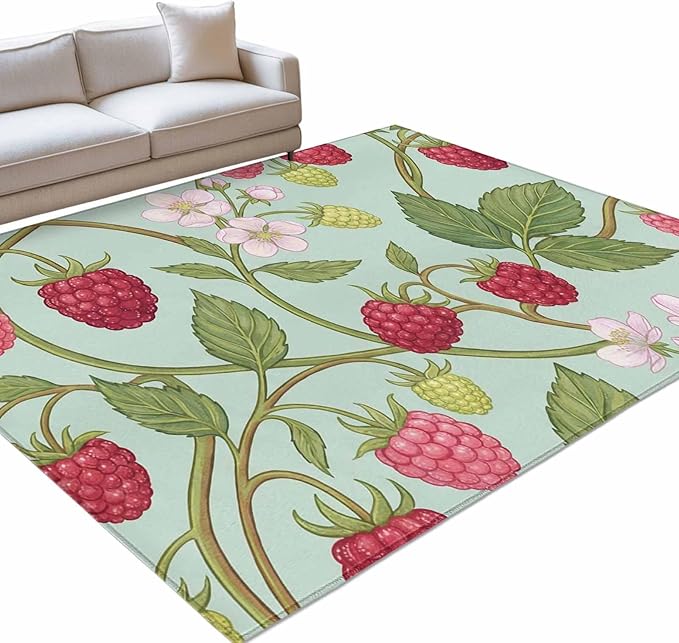 Area Rug 9x12ft, Farmhouse Berry Red Pink Blossoms Flower Washable Rugs for Living Room Bedroom Rectangle Floor Carpet, Green Leaves Soft Non-Slip Area Rugs for Dining Room
