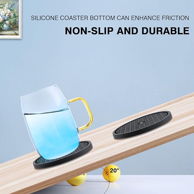Silicone Coasters for Drinks, Non‑Slip Spill‑Proof Heat Resistant Drink Coasters 2-Piece Set, Reusable Washable Table Protection for Home Decor Kitchen Office, Bar(2Pack,Black)