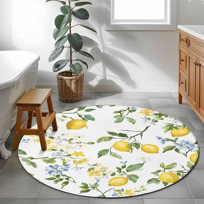 Washable Round Area Rug Summer Watercolor Lemon Flower Circle Rugs Floor Carpet for Living Room Bedroom, Spring Farm Fruit Green Leaf Soft Non Slip Round Rug 4ft