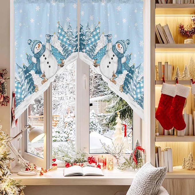 Christmas Snowman Swag Valance Curains Winter Xmas Tree Snowflakes Sky Blue Rod Pocket Kitchen Curtains Scalloped Window Treatment Valances Swag for Living Room Bedroom, 1 Pair, 36"W x 45"L