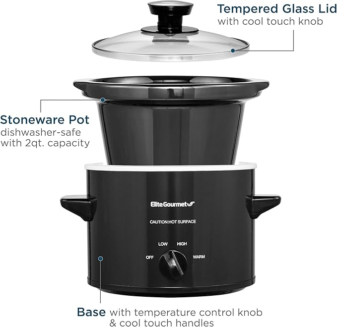 Elite Gourmet MST239X Electric Round Slow Cooker, Adjustable Temp, Entrees, Sauces, Stews & Dips, Dishwasher Safe Glass Lid & Crock, 2 Quart, Black