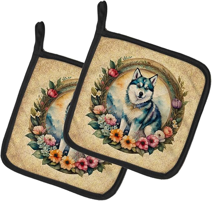 Caroline's Treasures Alaskan Klee Kai and Flowers Pair of Pot Holders Kitchen Heat Resistant Pot Holders Sets Oven Hot Pads for Cooking Baking BBQ, 7 1/2 x 7 1/2