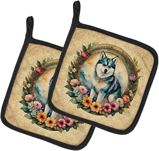 Caroline's Treasures Alaskan Klee Kai and Flowers Pair of Pot Holders Kitchen Heat Resistant Pot Holders Sets Oven Hot Pads for Cooking Baking BBQ, 7 1/2 x 7 1/2