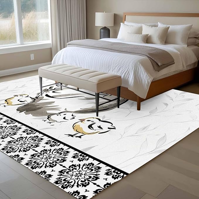 Area Rug 6x9ft, Country Farmhouse Rooster Washable Rugs for Living Room Bedroom, Watercolor Animal Flower Pattern Soft Non-Slip Area Rugs Rectangle Floor Carpet for Dining Room
