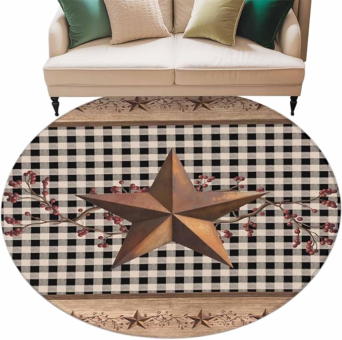 Brown Texas Star Retro 7ft Round Rug, Country Star Non-Skid Rubber Backing Large Area Rugs - Living Room Bedroom Home Office, Black White Plaid Wooden Indoor Floor Mat Carpets Washable Rug