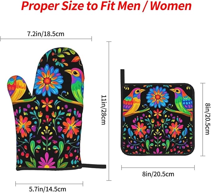 4 Pcs Mexican Flower Oven Mitts and Potholders,Kitchen Oven Glove with Pot Holders,Non-Slip Gloves High Heat Resistant 500 Degree for BBQ, Grill, Baking, Cooking, Oven, Microwave