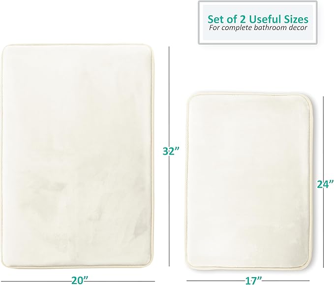 Clara Clark 2 Piece Bathroom Rugs Bath Mat Set, Velvet Memory Foam Bath Mats for Bathroom - Non-Slip, PVC Backing Bath Rugs, Washable - Dries Quickly, White