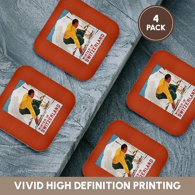 3dRose Winter in Switzerland Man Putting on His Skis Luggage Label - Soft Coasters, Set of 4 (CST_170532_1)