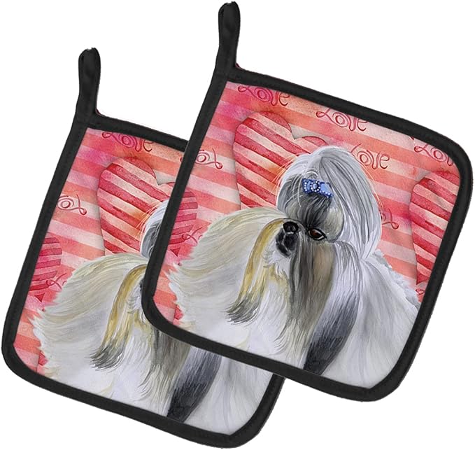 Caroline's Treasures BB9753PTHD Shih Tzu Love Pair of Pot Holders, Red Kitchen Heat Resistant Pot Holders Sets Oven Hot Pads for Cooking Baking BBQ, 7 1/2 x 7 1/2
